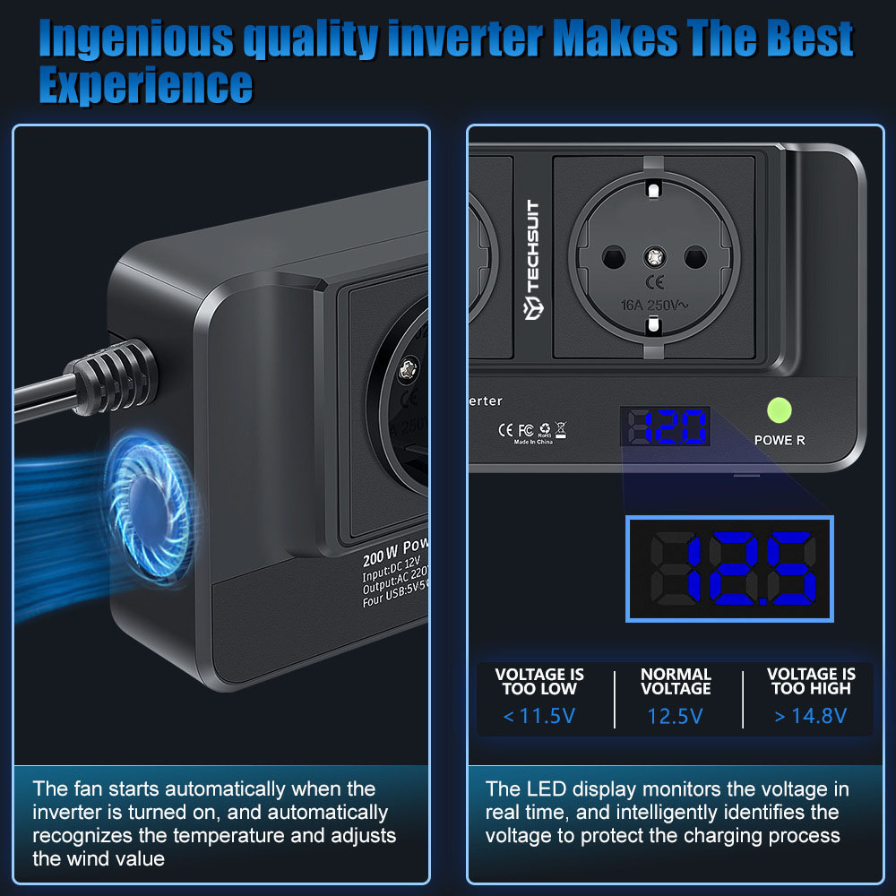 Techsuit - Car Power Inverter PowerDriveX (IA2) - Type-C, 2x USB-A, 2x AC Power Sockets, 220V, 200W - Black 2 4a4a9febcd6dda27e1feb339819e689b